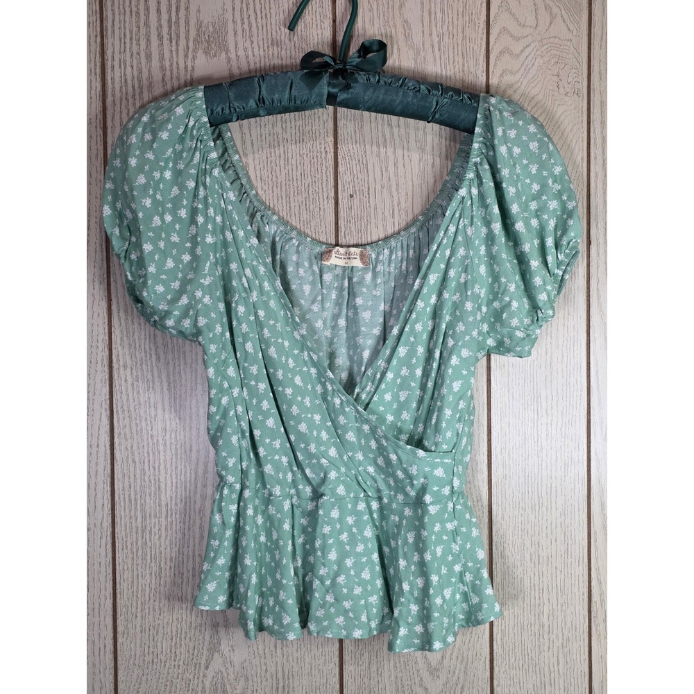 Altar'd State Green Floral Wrap Peplum Top Short Puff Sleeve Sage Medium